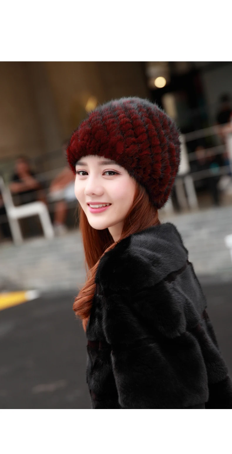 Women's Genuine Real Knitted Mink Fur Bomber Hats Female Winter Caps Ear Warmers Fashion Headgear