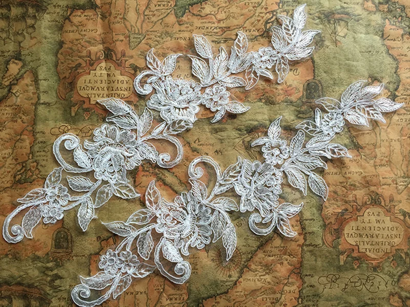 

2Pieces 39X10.5cm Beautiful Fench Net Lace Fabric Chantilly Car Bone Venice Lace Applique For Wedding Dresses
