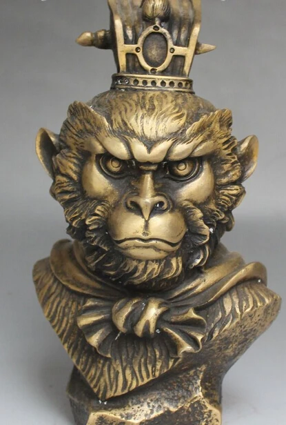 

9" Chinese Archaic Myth Bronze XiYouJi Sun WuKong Monkey King Head Statue R0711 B0403
