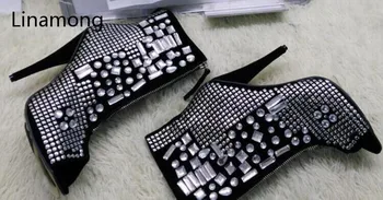 

Women Black Suede Peep Toe gorgeous Crystal Decoration Boots Spring Autumn Ankle Zipped Thin Heel Stiletto Short Boots