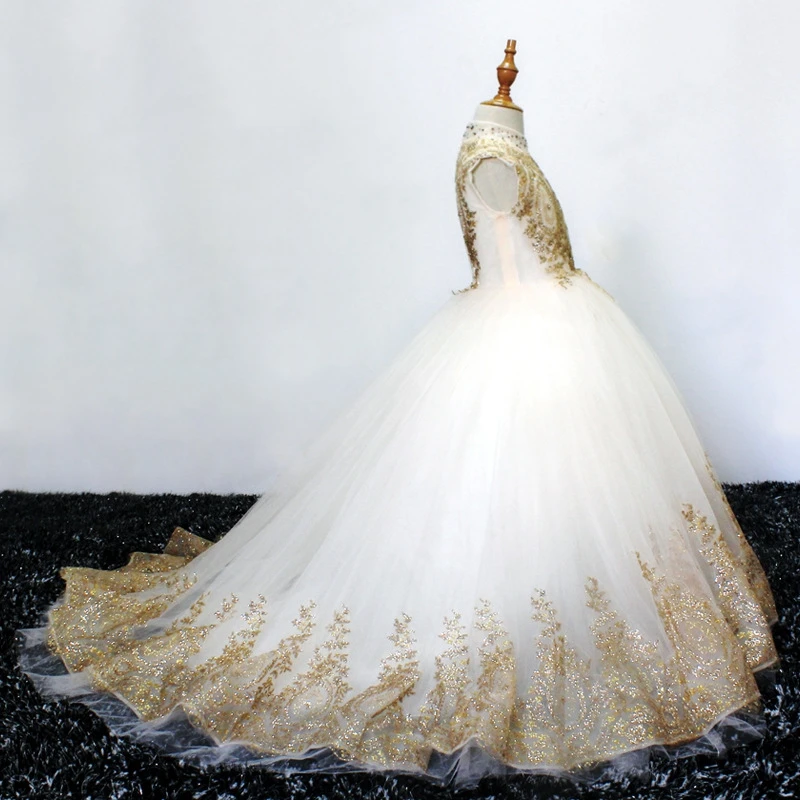 2019 бальное платье, Длинные Платья с цветочным узором для девочек на свадьбу, с высоким воротом, с золотыми аппликациями, платья для первого