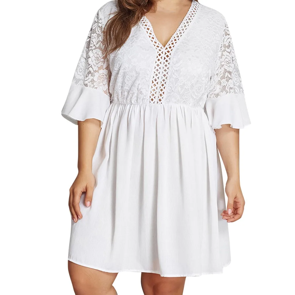 Страусиная мода, Взрывные модели, белое однотонное кружевное платье с v-образным вырезом большого размера, женское летнее платье большого размера с вышивкой - Цвет: White
