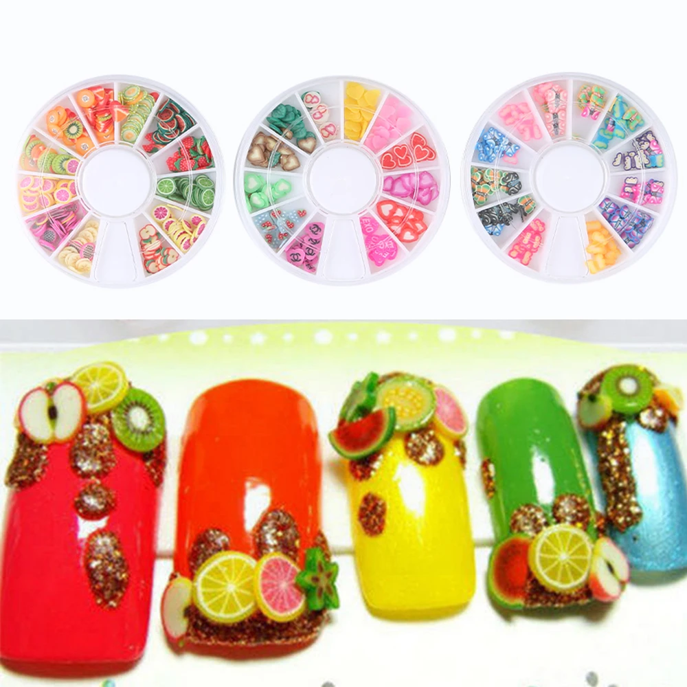 Новинка, 1 коробка, украшения для ногтей, фруктовые ломтики, 3D Полимерная глина, крошечное колесо, стразы для дизайна ногтей, украшения для маникюра