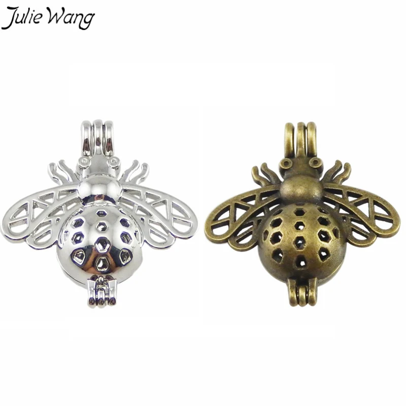 

JulieWang Openable Pearl Bead Cage Locket Bee Pendant for DIY Aromatherapy Essential Oil Diffuser Necklace Jewelry Accessory