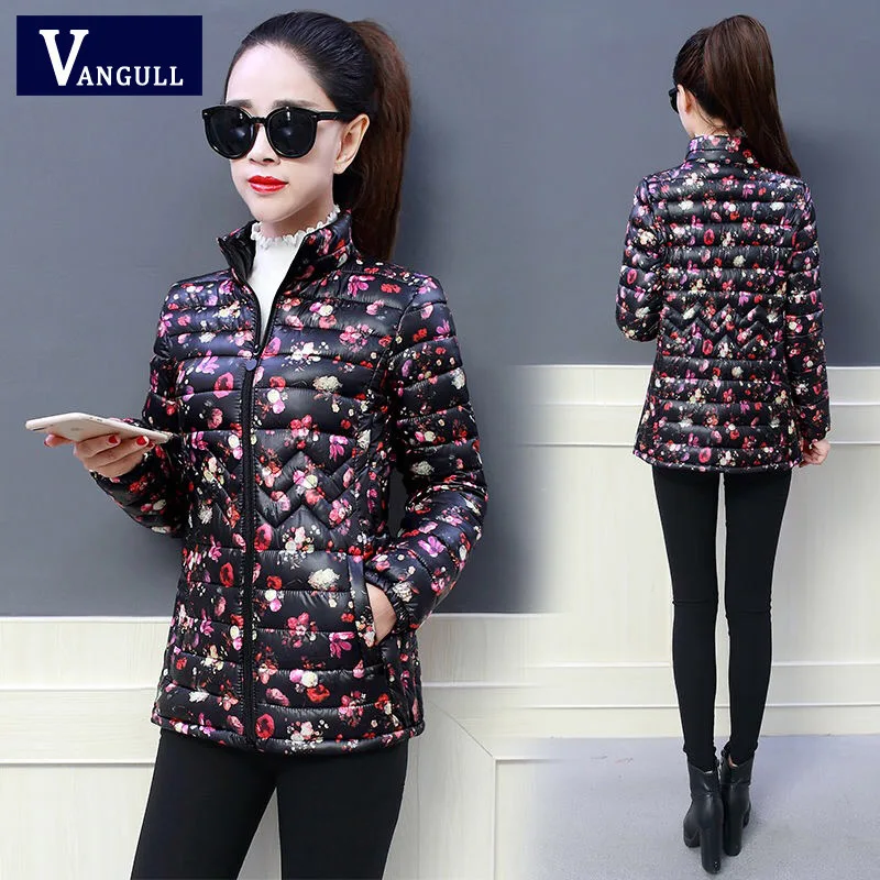 Ceny Vangull damski zimowy kwiatowy nadruk na kurtce Pluse rozmiar parki 2019 New Fashion płaszcze vintage gruby ciepły z długim rękawem wąska bluza
