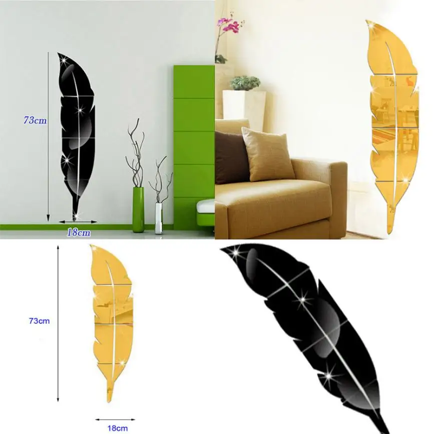 DIY Modern Plume Feather Acrylic Mirror Wall Stickers Room Mural