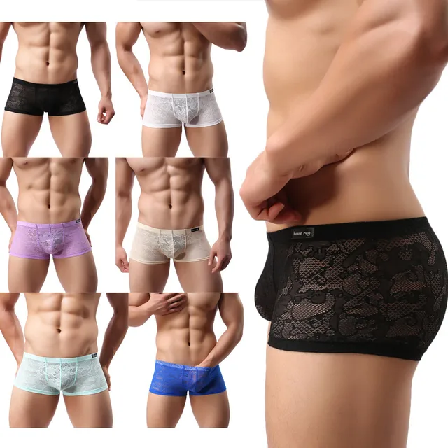 2017 New Fashion Mens Sexy Translucent Boxer Briefs Intimates Soft Lace Floral Ventilate Exotic Boxer Sexy Shorts Underpants -