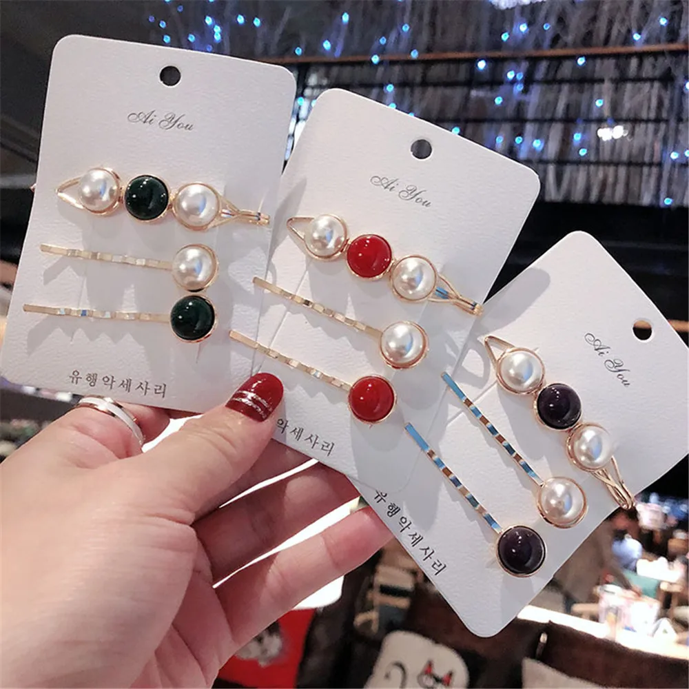 

1Set Korea Metal Hairpins Imitation Pearl Colorful Beads Hair Clips Barrettes Fashion Women Geometric Hair Styling Accessories