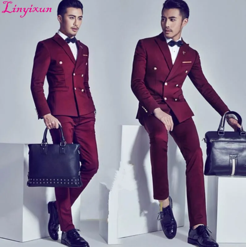 

Linyixun 2017 Burgundy Double Breasted Groom Tuxedos Fashion Mens Wedding Prom Party Suits Italian Style Gentleman Suit