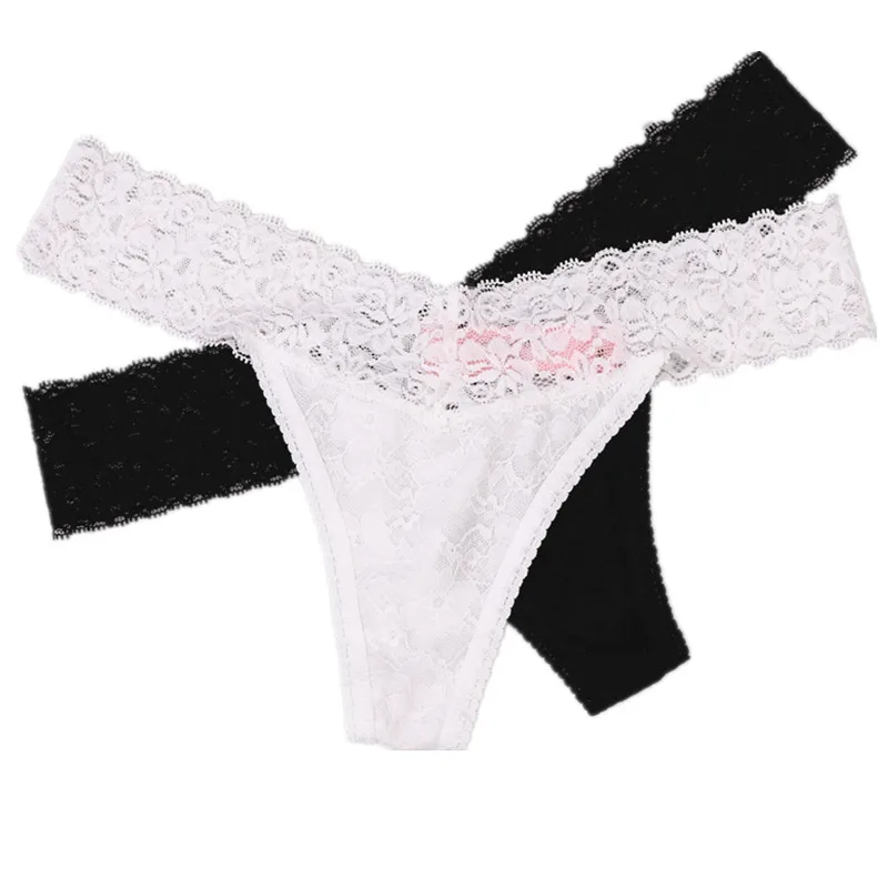 

[US SIZE]2PCS Sexy Underwear Black White Lace Panties Women's G String Thong Lady Knickers T-back For Woman Underpants