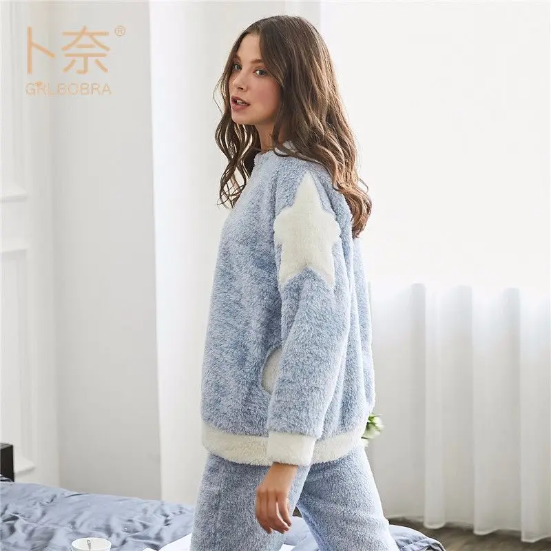 Grlbobra зима новый ягненка кашемир звезды из двух частей милые пижамы Корейская версия Круглый Вырез Дамы с карманом домашний сервис