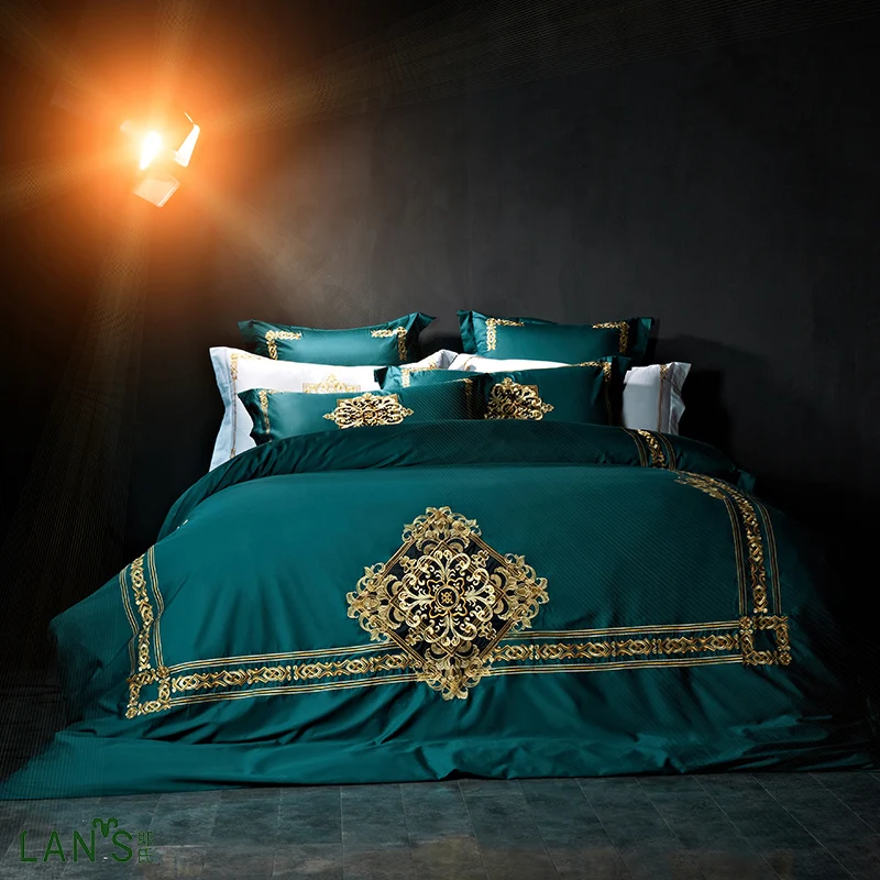 Rococo Design Palace Royal Blue 100cotton 4pcs Bedding Sets Gold