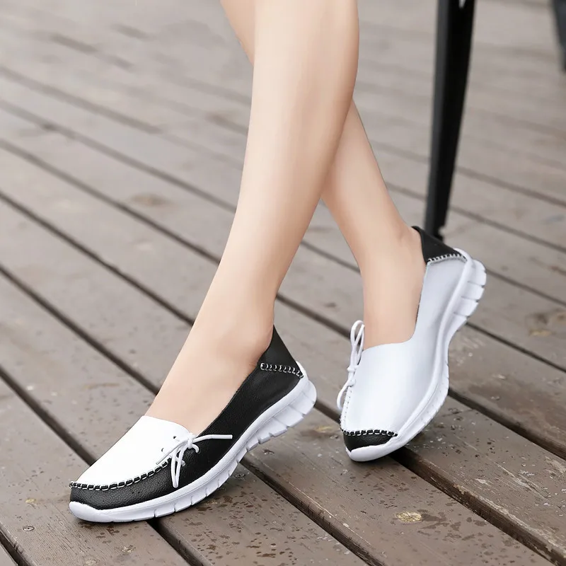 

Dropshiping 2019 Autumn High Quality Women Shoes Genuine Leather Slip on Flats Woman Handmade Slipony Loafers Flat Ladies Shoes