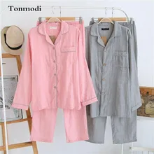 Пара пижамы хлопок двойной Слои газовые пижамы любителей Для мужчин и Для женщин с длинным рукавом Пижама для сна комплект на осень