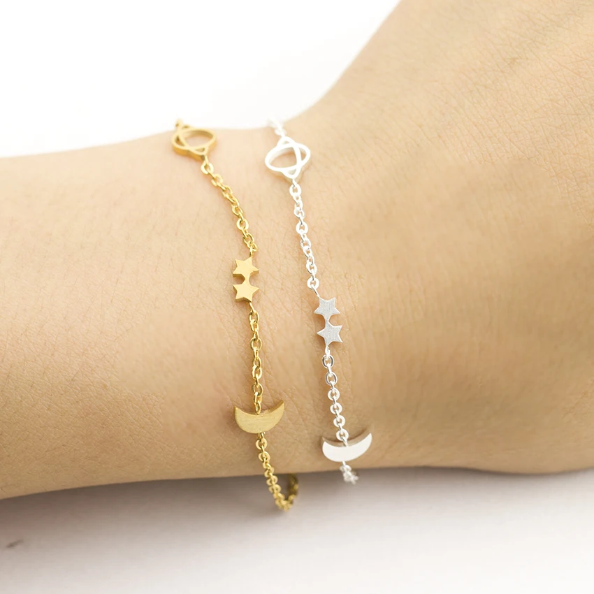 

Muslim Ramadan Gold Silver Simple Romantic Couple Moon Star Saturn Bracelet for Women Stainless Steel Party Jewelry Accessories