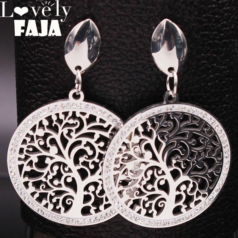 

2019 Fashion Tree of Life Crystal Stainless Steel Stud Earings Women Silver Color Big Earring Jewelry aretes de mujer E612738