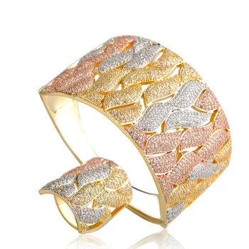 

Dazz Luxury Wedding Dubai Jewelry Set AAA Cubic Zirconia Engagement Gift Pulsera Women Width Bracelet Bangle And Ring Sets