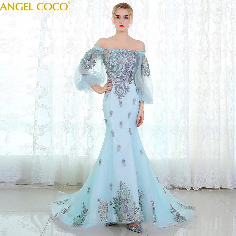 

New Arrival Elegant Party Mermaid Evening Dress Vestido De Festa Luxury Blue Sequins Strapless Prom Lace Robe De Soiree Kaftan