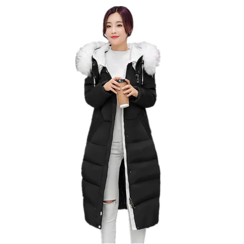 2016New Women Winter Long Jacket Coat Korean Thick FurCollar Hooded Down Parkas Ladies Plus Size Slim Warm Cotton Overcoat Black