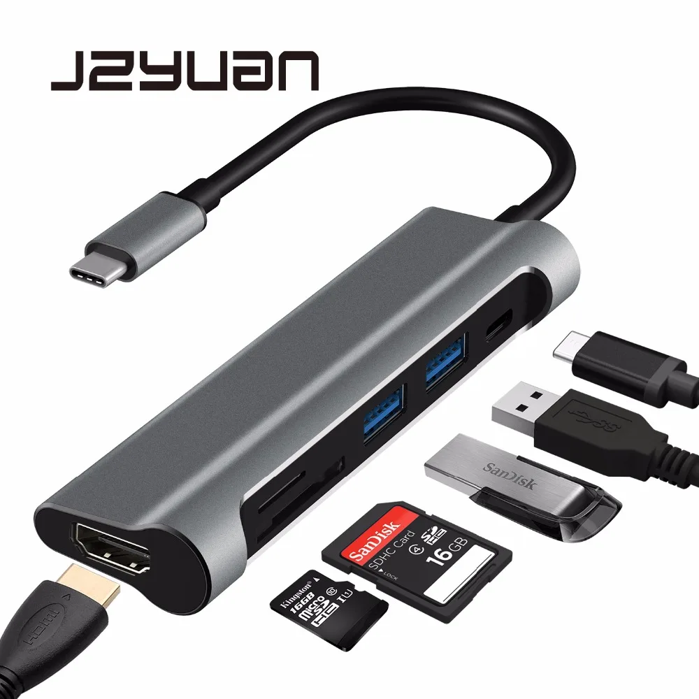 

JZYuan USB-C USB Type C 3.1 Hub Adapter With Type-C PD Charging 4K HDMI SD/TF Card Reader USB 3.0 HUB Splitter For MacBook