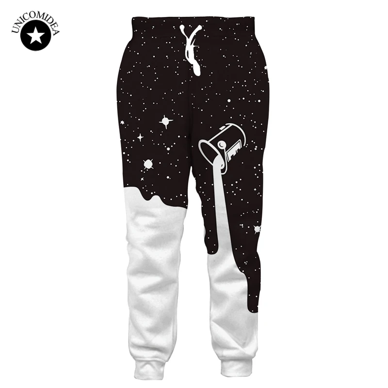 Skup Biegaczy męskie spodnie dresowe śmieszne Galaxy wylewanie mleko drukuj 3D spodnie czarny biały kolor luźne spodnie typu casual Pantalones Hombre