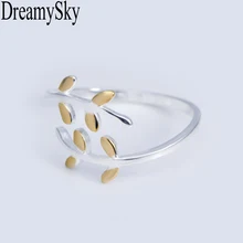 DreamySky Настоящее серебро 925 пробы кольца для женщин регулируемое свадебное S925 Золотое кольцо в виде листа стерлингового серебра-ювелирные изделия