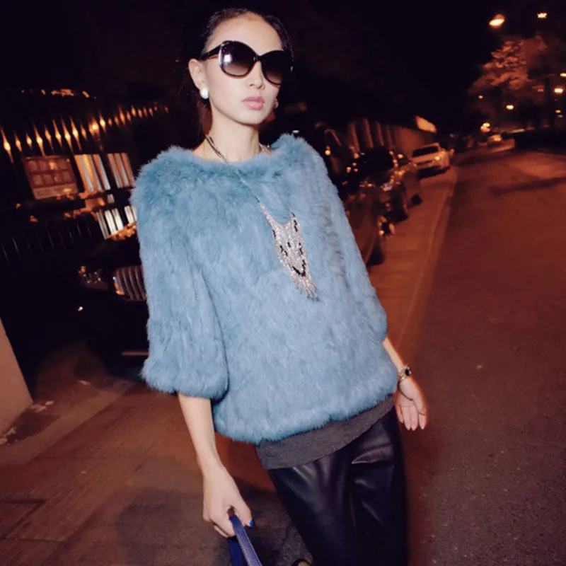 

HSPL 2017 Extra Large Knitted Genuine Rabbit Fur Jacket Drop Collar Long Sleeve Winter For Women Real fur coat knit fur shawl