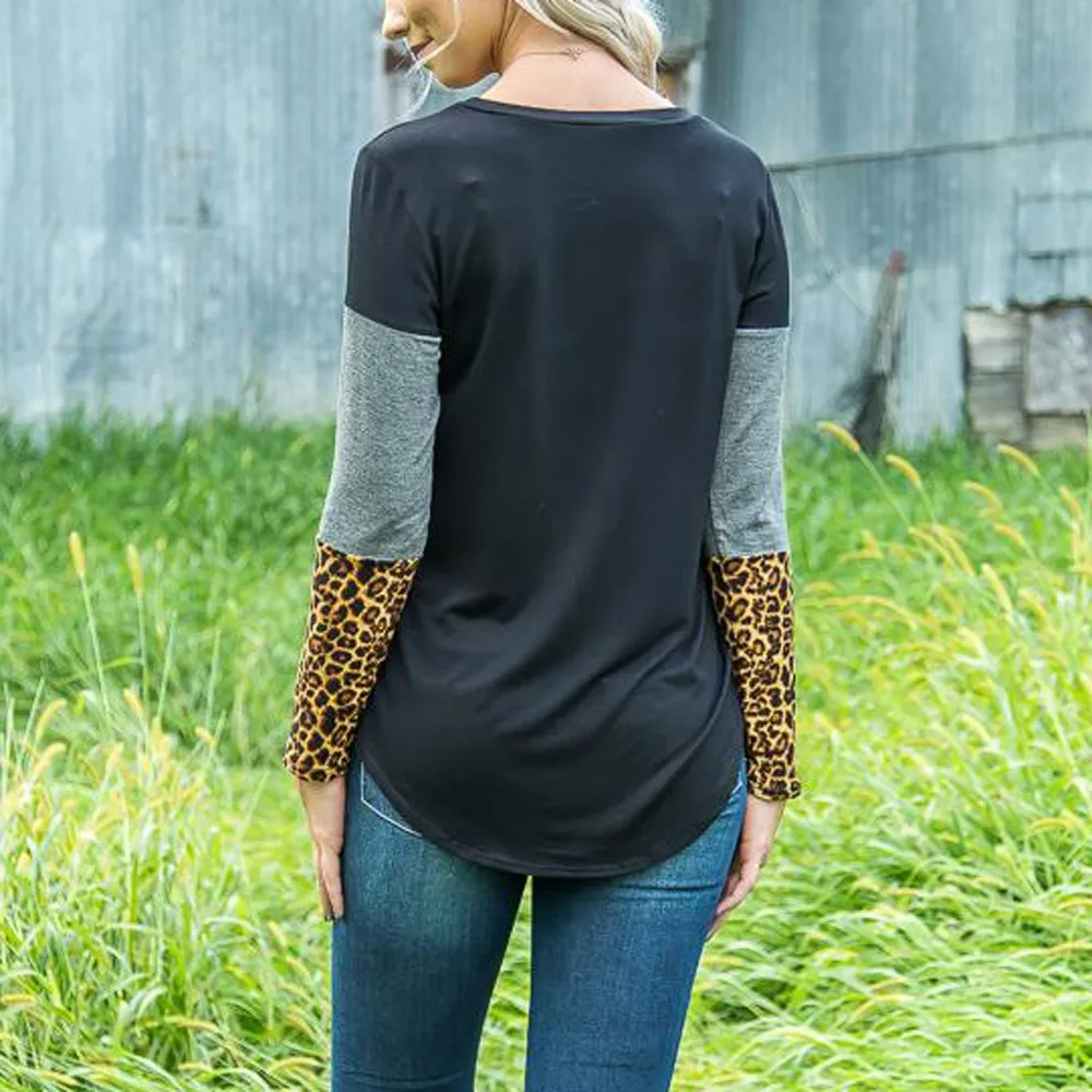 Moda T camisa mujeres Camiseta de rayas de manga larga con estampado de leopardo de bloque de Color Tops camiseta Camisetas Mujer # A1 Moda T camisa mujeres Camiseta de rayas de manga larga con estampado de leopardo de bloque de Color Tops camiseta Camisetas Mujer # A1