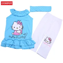 COSPOT Baby Girls Hello Kitty Clothing Set Girl’s Headband+Dress+Pants Cotton Clothing 3pcs Set Girl Summer Sets 2-8Yrs 2018 10D