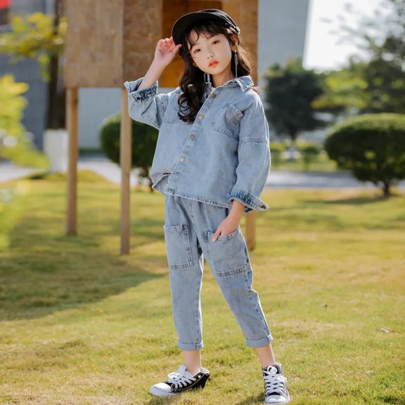

DFXD Children Girls Spring Clothes Fashion Jeans Clothing Set Cotton Denim Long Sleeve Coat+Long Jeans Pants Big Girl Set 4-13Y