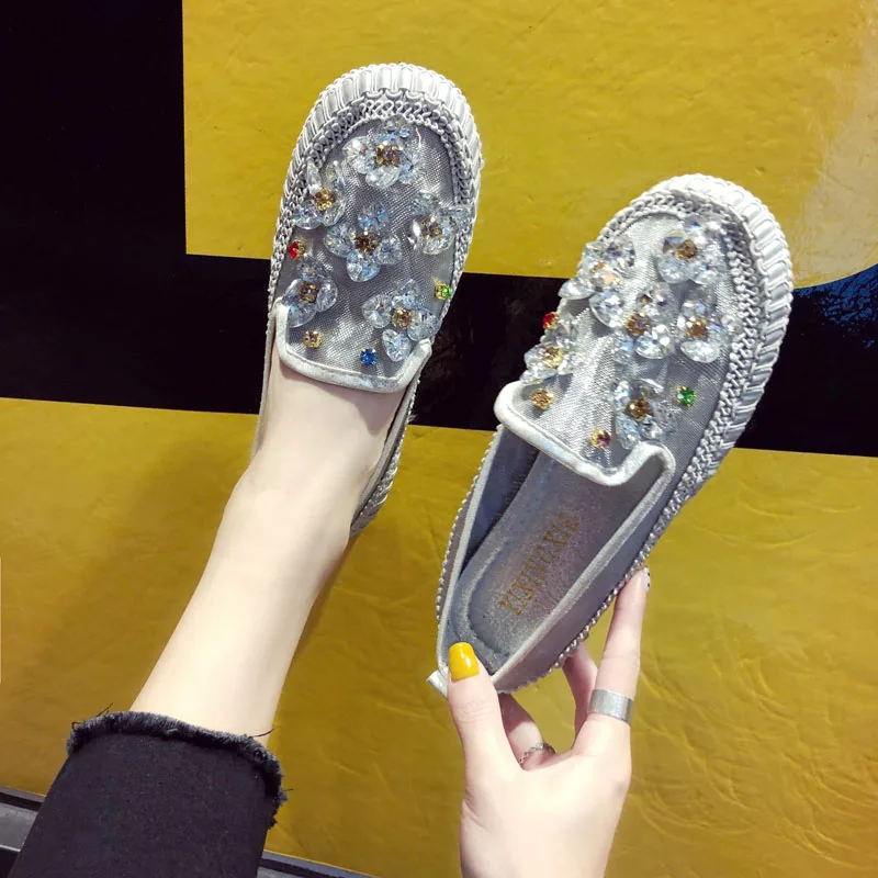 

Top Quality Women Bling Flats Sequins Crystal Slip On Lazy Loafer Flat Round Toe Rhinestone Shoes Causal Loafers Mesh Breathable