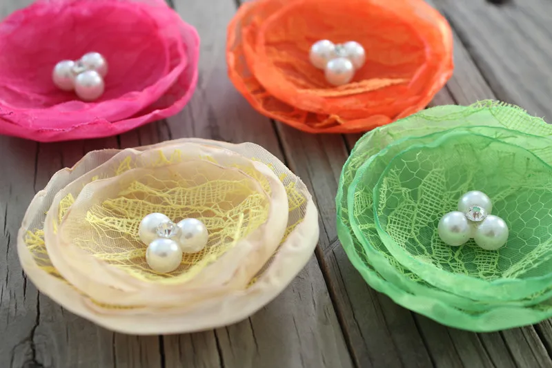 

Burned Organza with lace Flowers, peal crystal in center Romantic Fabric Hair flower perfect for /Girl/bride