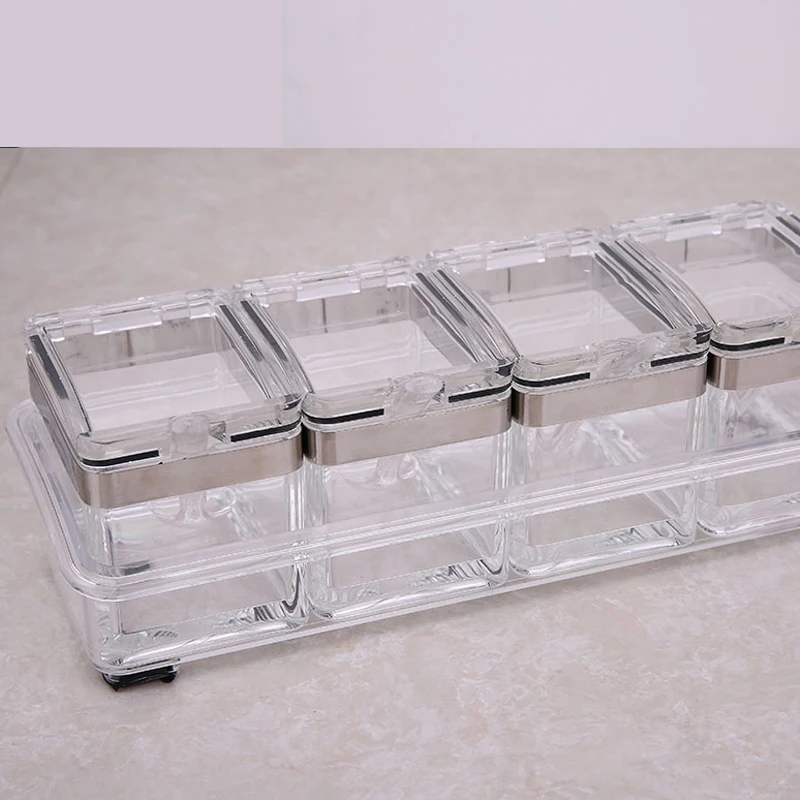 Clear Transparent Kitchen Supplies Spice Jar With Spoon Rack Herb Storage Seasoning Bottle 4pcs/Set Condiment Tools Utensils