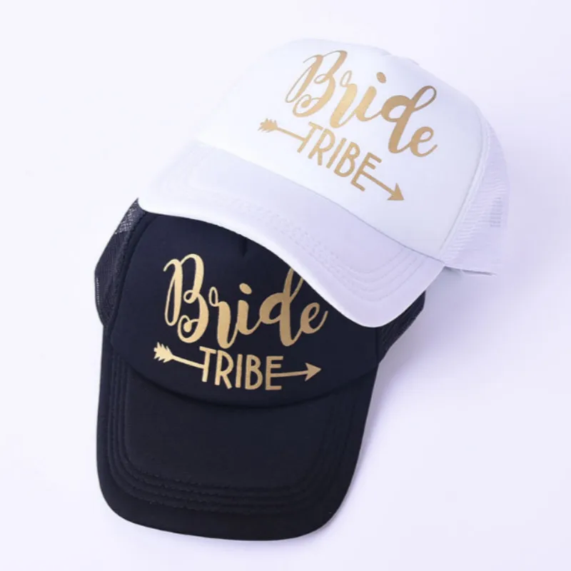 

Wedding Party Bride Tribe Mesh Hat Gold Printed Team Groom Summer Baseball Cap Snapback Hat Cap Married Wedding Trucker Hat