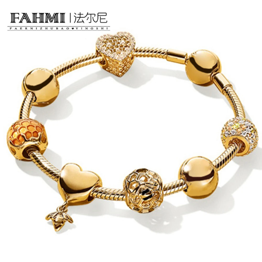 

FAHMI 100% 925 Sterling Silver Brand New Bracelet Set 18K Gold Color Love Honey Honeycomb Bracelet Set Fit DIY Sweet Gift