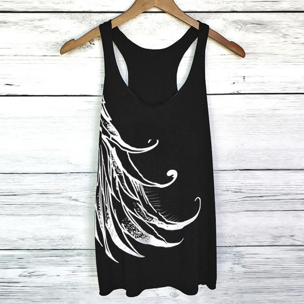 

ISHOWTIENDA Fashion Sexy Top Female Cool Sun-tops Feather Printed Loose Tank Tops T-shirt Summer Women Clothes 2019 Tops