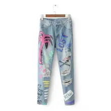 Для женщин S тонкий отверстие Рваные джинсы для Для женщин середине талии джинсовые плюс Размеры Брюки Синий Граффити Повседневное Дизайн женские узкие брюки