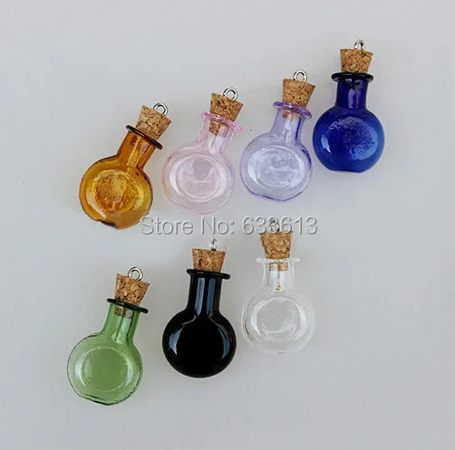 

NEW Free shipping 50pcs/lot 20mm 7 color flat round Charm cork glass Bottle Perfume essential oil vial pendant mini glass bottle
