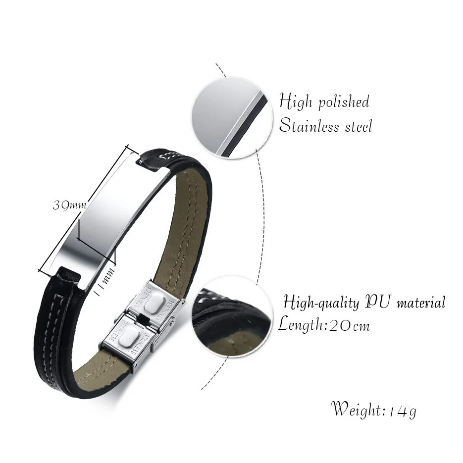 Персонализированный мужской кожаный браслет с гравировкой, черный мужской браслет из нержавеющей стали, браслет для мужчин, ювелирное изделие, подарок для Него 7,8"