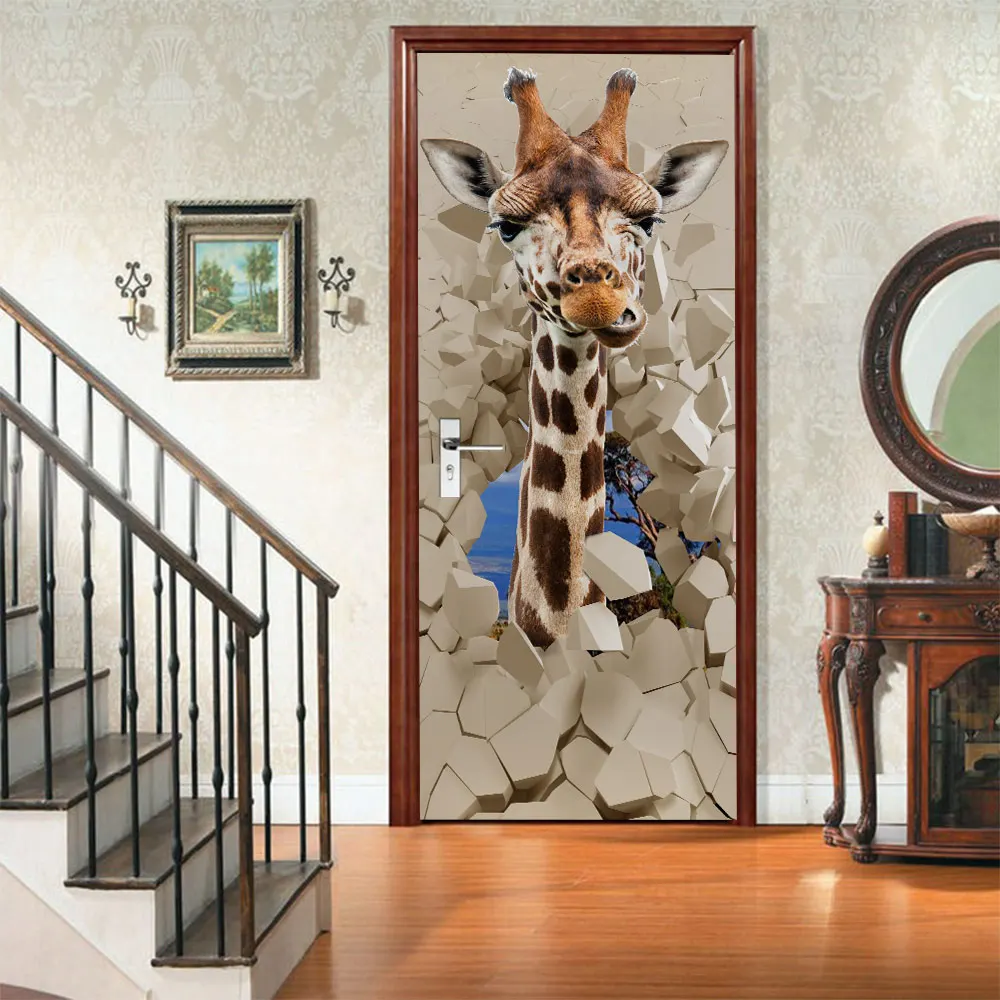 Мультфильм Жираф Наклейки на дверь для дома украшения двери ремонт животных Vivd 3D самоклеющиеся настенные наклейки на двери обои