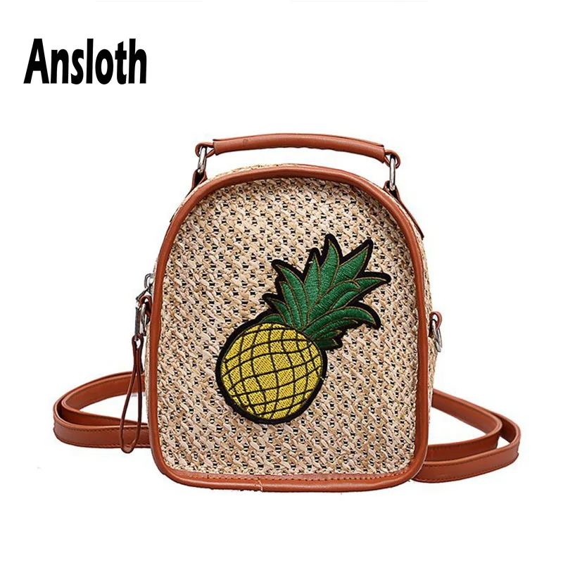 

Ansloth 2019 Straw Backpack For Women Handmade Rattan Backpack Lady Mini Summer Beach Bag Pineapple Embroidery Backpack HPS513