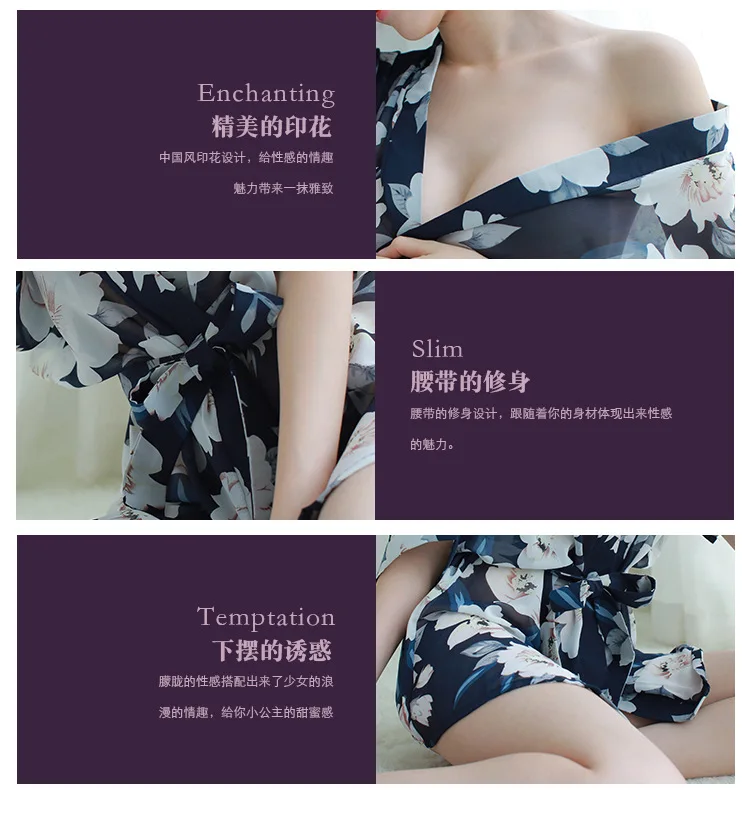 Sexy Chiffon Lingerie Feminina Extrema Tentação Grande Tamanho Pijamas Transparente Impressão Robe Roupão Conjunto Azul 14 Cápsulas de dormir