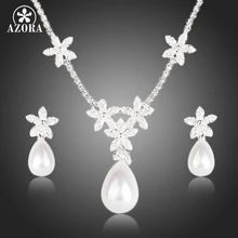 Azora flower design clear cz con gota de agua pendientes de perlas y colgante de collar de sistemas de la joyería tg0134