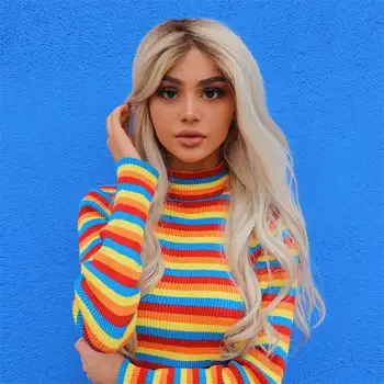 

Momoluna New 2019 Woman modis o neck long sleeve thin spring rainbow striped jersey kawaii knitted jumper pullover crop sweater