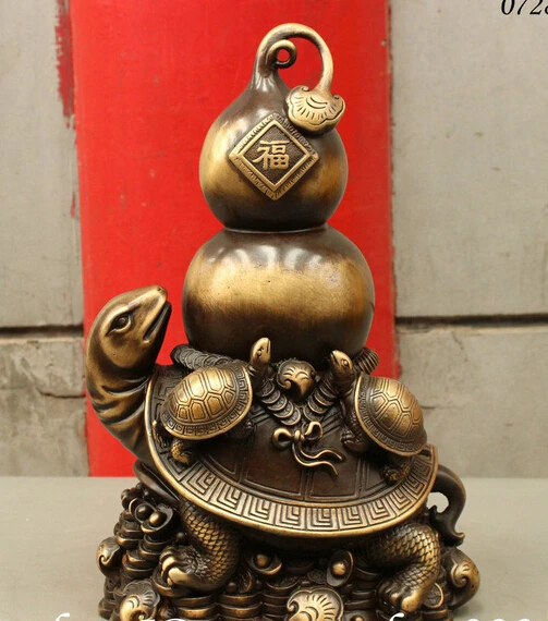 

006265 14" Folk Chinese FengShui Bronze Gourd Turtle On Wealth RuYi YuanBao Coin Statue