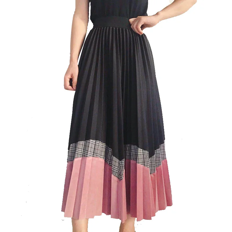 

Korean Style Autumn Wave Patchwork A-line Long Pleated Skirts Contrast Color Plaid Wool Blend Mid Calf Long Skirt