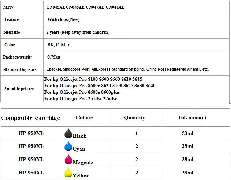 10 совместимых hp 950XL 951XL Четыре упаковки-черные и цветные чернила hp Officejet Pro 8600 8610 8615 8620 8630 8640 8100