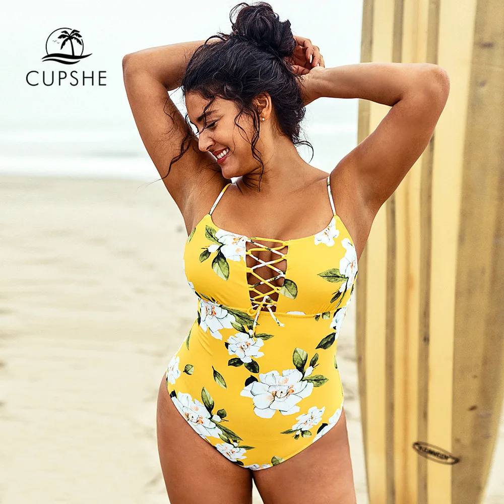 Online CUPSHE Plus Größe Gelb Floral Print Spitze Up Ein Stück Badeanzug Frauen Sexy Hohe Taille 2020 Mädchen Badeanzüge