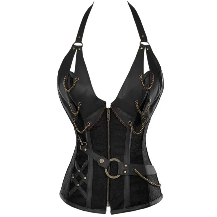 Retro-Bustiers-Corsets-Women-Zipper-Brown-Brocade-Steampunk-Corset-Top-With-G-string-Plus-size-3XL