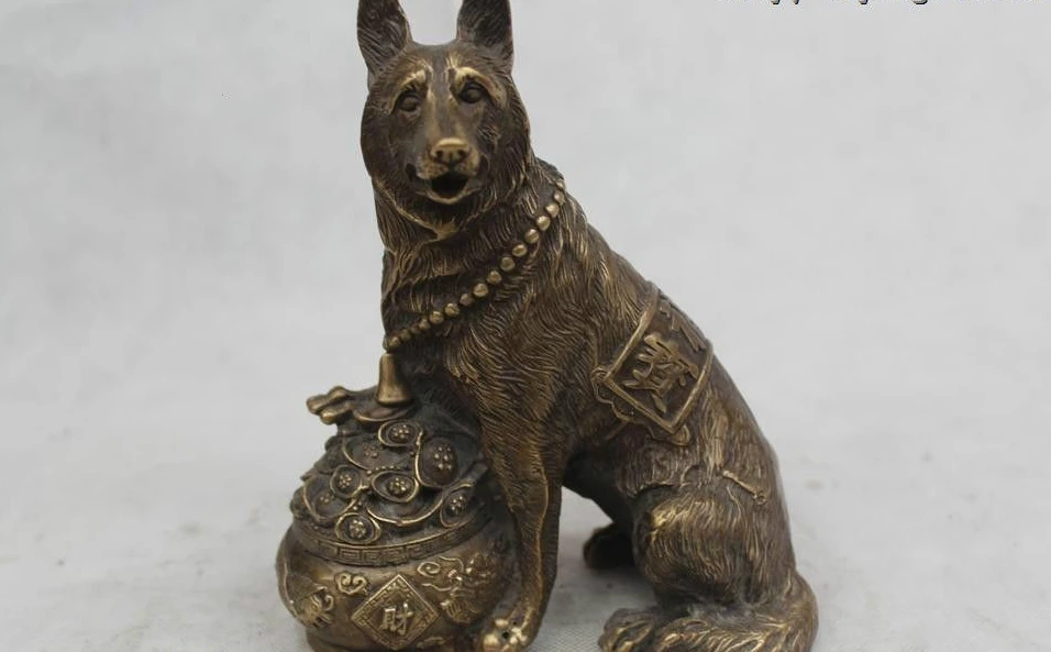 

8"Chinese Folk Pure Bronze excellent Lucky Money drawing Dog Statue